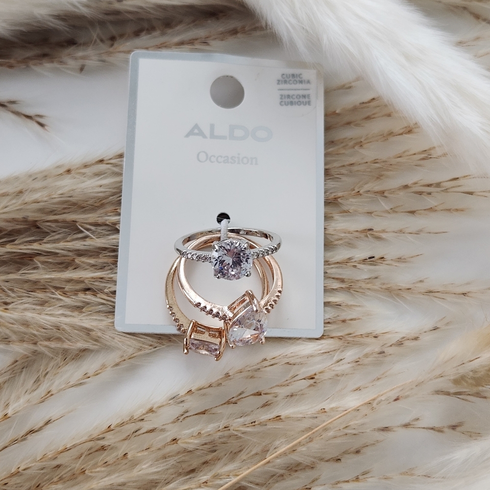 ALDO Alabridar Metallic Multi Pack Ring Set‎ Of 3 Women's Cubic Zirconia